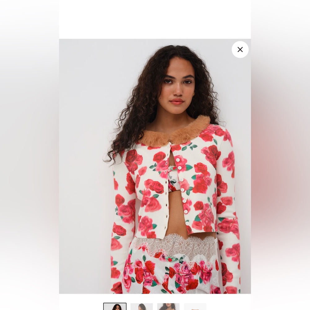 For love & lemons Floral Cardigan with Faux Fur Collar s roses